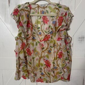 Rose & Olive Sheer Floral V Neck Ruffle Top White Pink Green